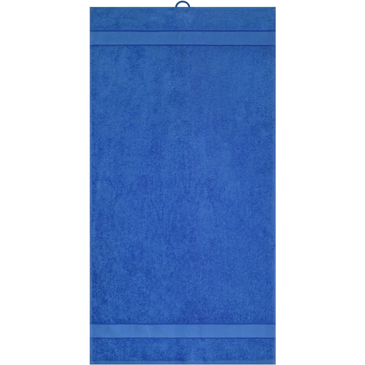 A blue hand towel featuring a loop for hanging and two striped accents. It has a soft, plush texture.