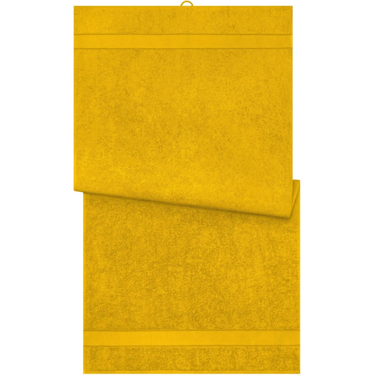 A set of yellow bath towels, featuring a textured design and a hanging loop. Includes two towels stacked.
