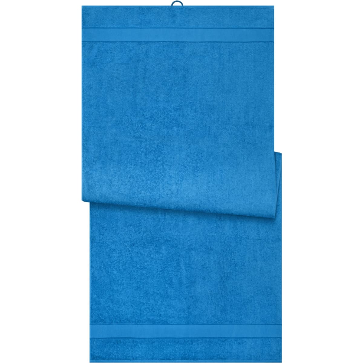 A vibrant blue sauna sheet with a soft texture, featuring a hanging loop and subtle stripes.