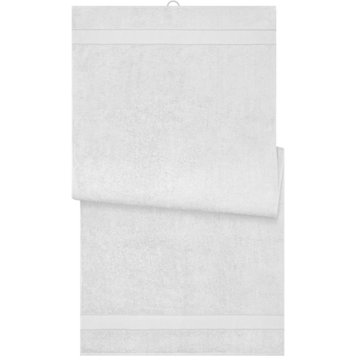 A white bath sheet with a textured design and hanging loop. It features two horizontal stripes near the edges.