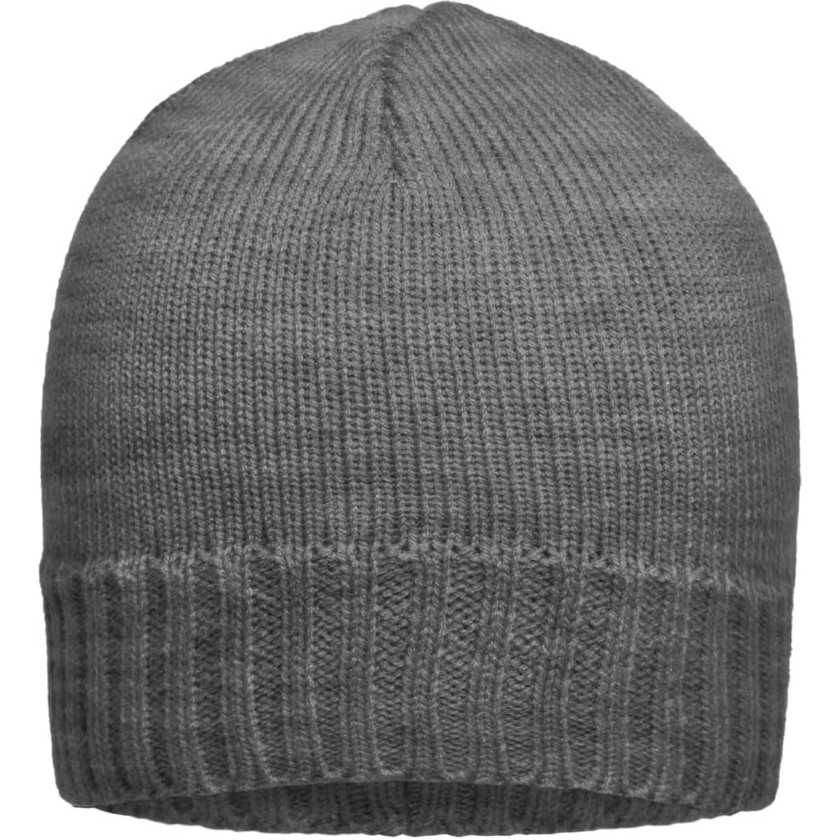 A grey ribbed beanie with a textured knit design and a folded cuff. It includes a logo on the side.