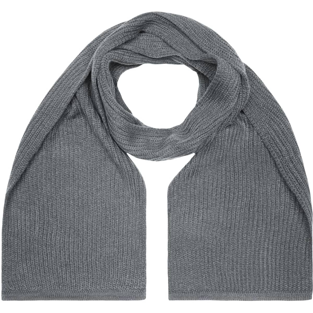 A grey knitted scarf laid out flat, featuring a textured design and a simple style. 