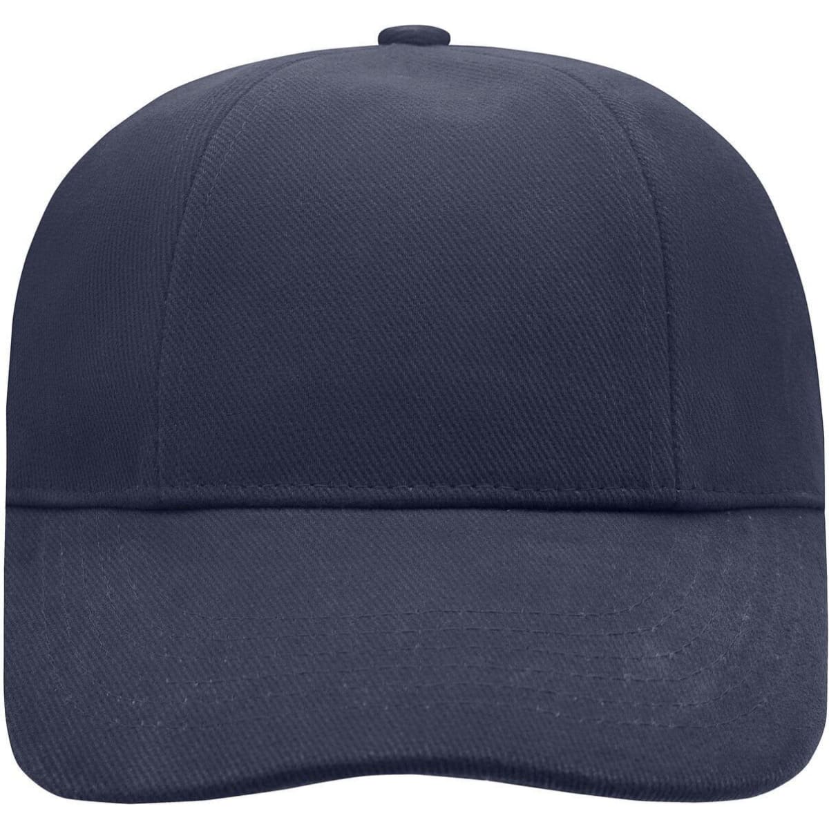 A navy blue six-panel cap featuring a curved brim and a logo.