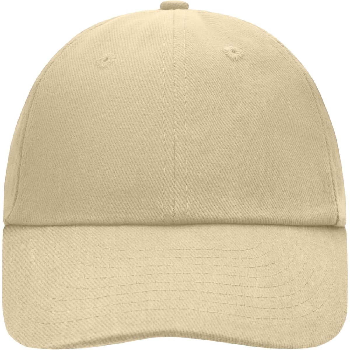A beige 6 Panel Raver Cap featuring a curved brim and a logo on the front.