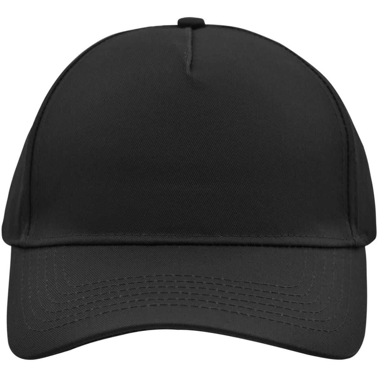 A black 5 panel cap featuring a structured design and a curved brim, with a logo on the front.