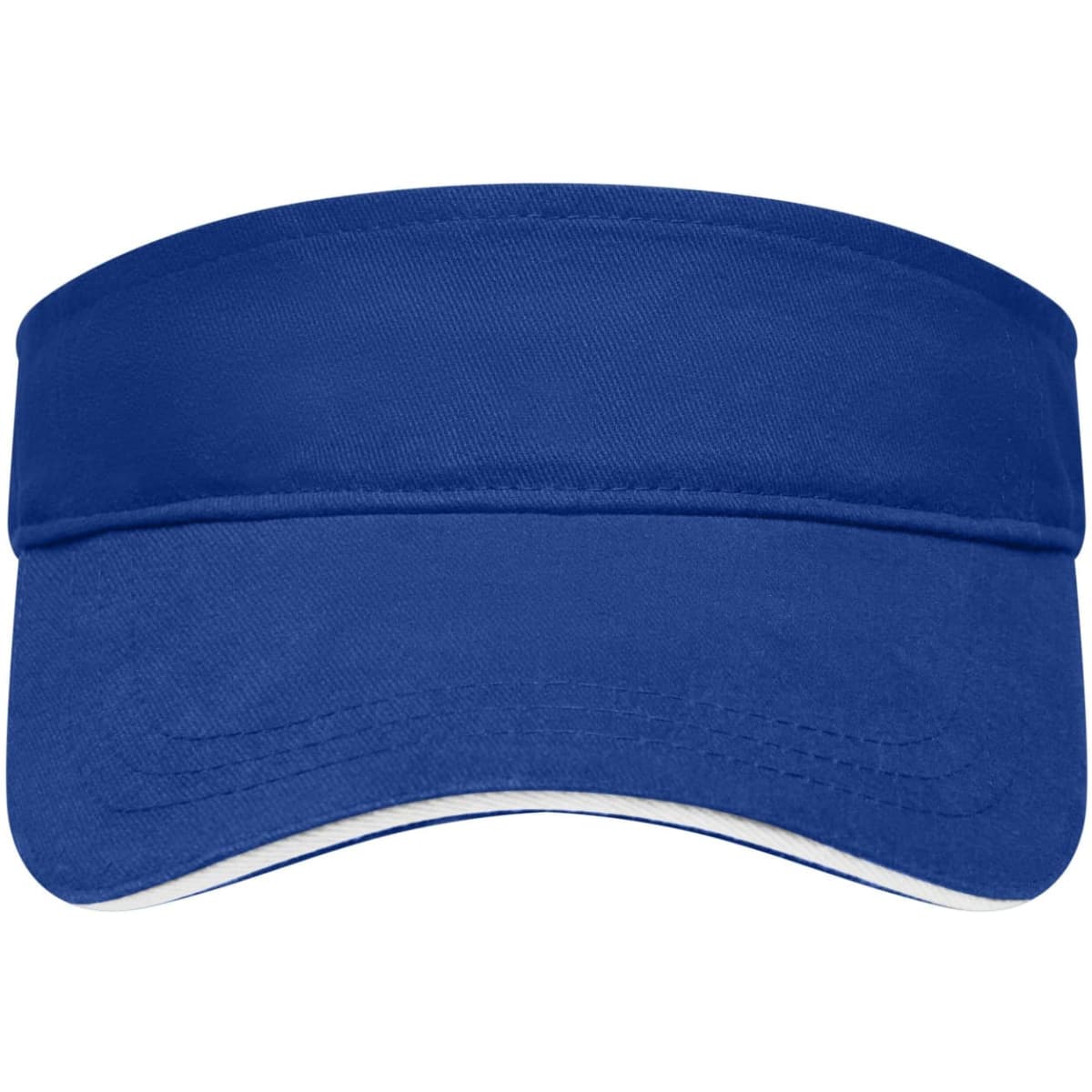 A blue sun visor with a wide brim and a circular opening at the back, featuring a logo.