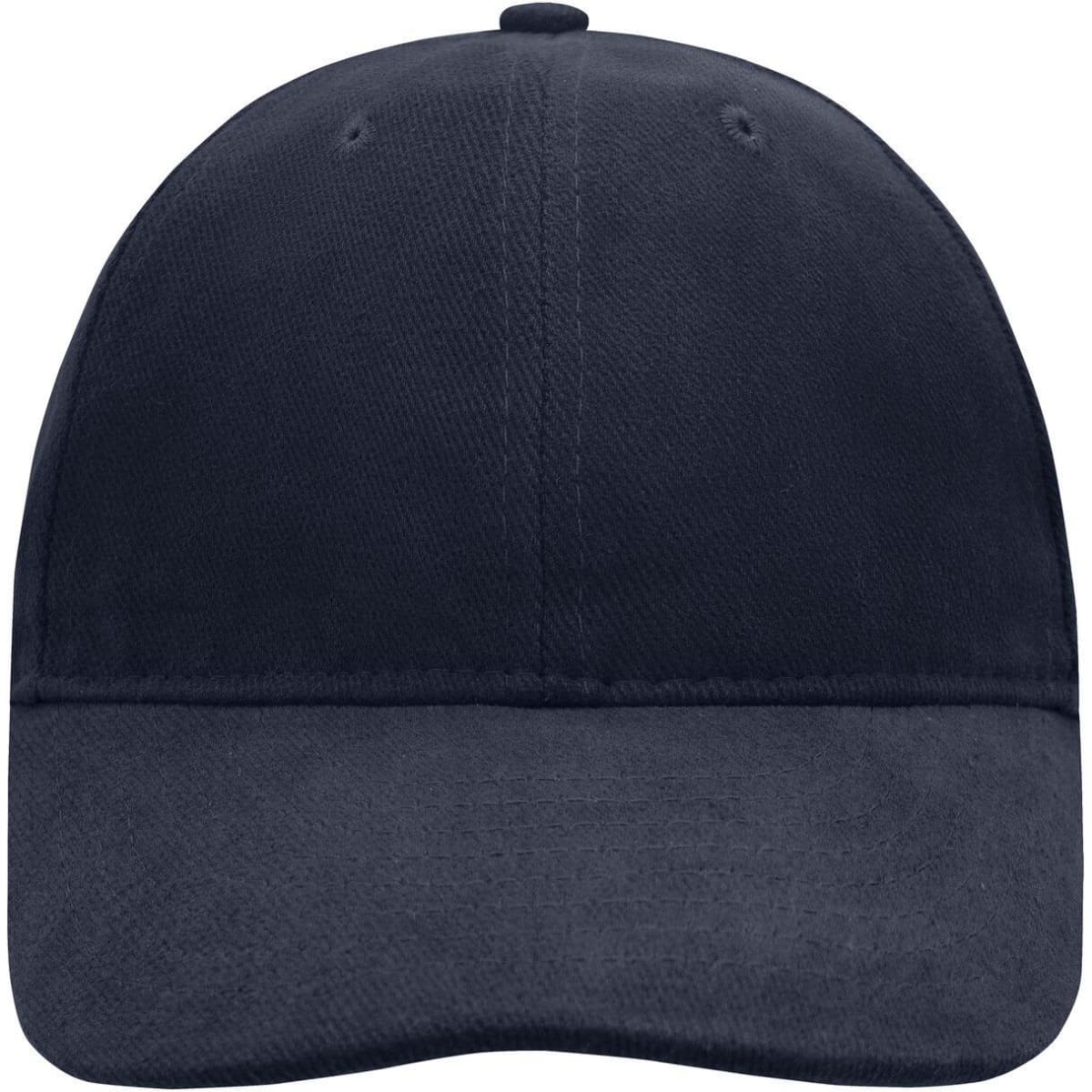 A navy blue six-panel cap featuring a soft lining and a structured design, with a logo on the front.