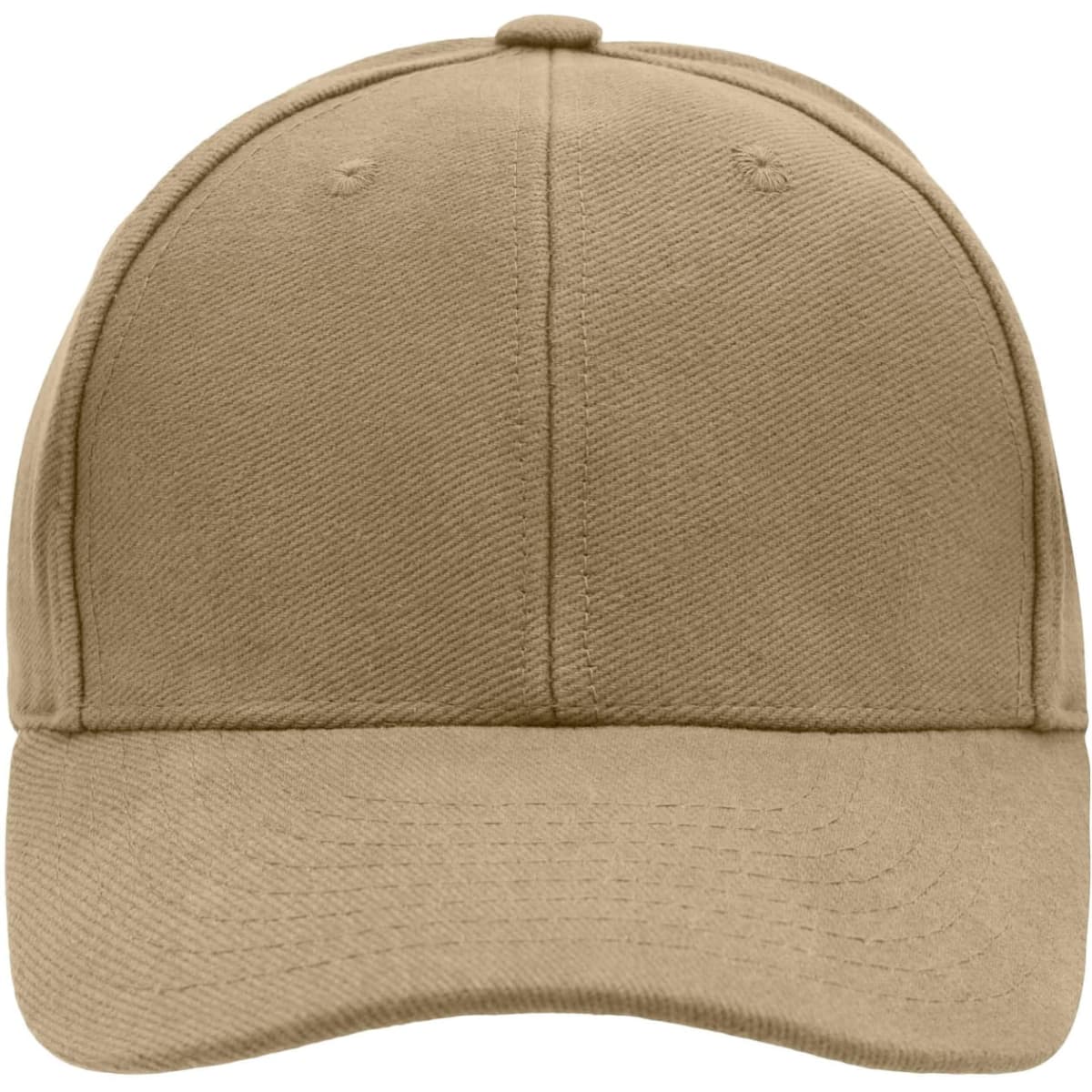 A tan 6-panel cap featuring a structured design and a back strap for adjustment. Includes a logo on the front.