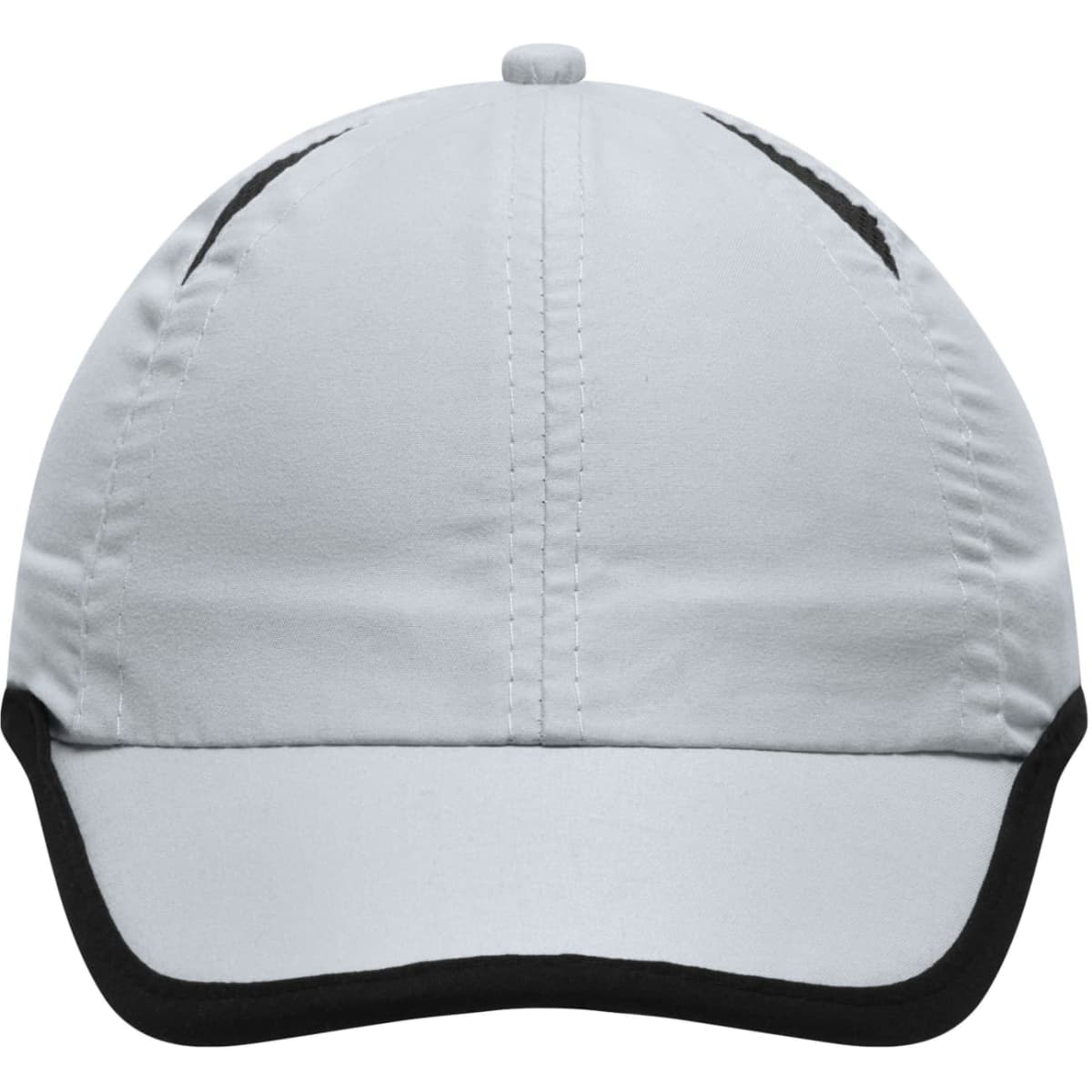 A white sports cap with black trim and a logo on the front, featuring a six-panel micro-edge design.