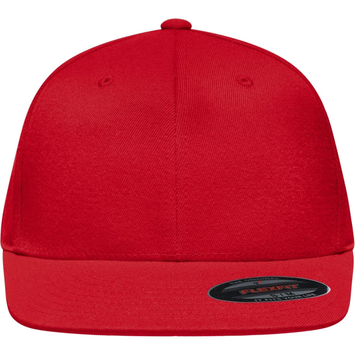 A red Flexfit® Flat Peak Cap featuring a flat peak and a logo on the side.