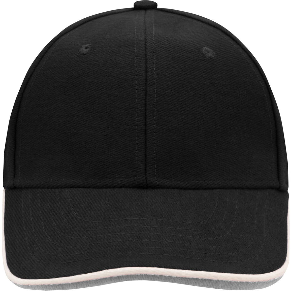 A black six-panel double sandwich cap featuring a curved brim and an internal logo.