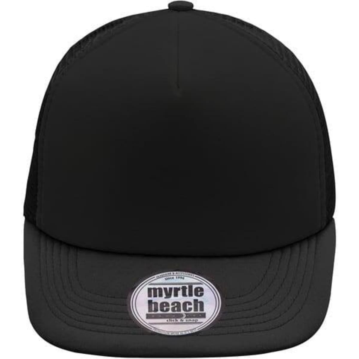 A black 5 Panel Flat Peak Cap featuring a branded logo on the front, with a smooth peak and mesh sides.