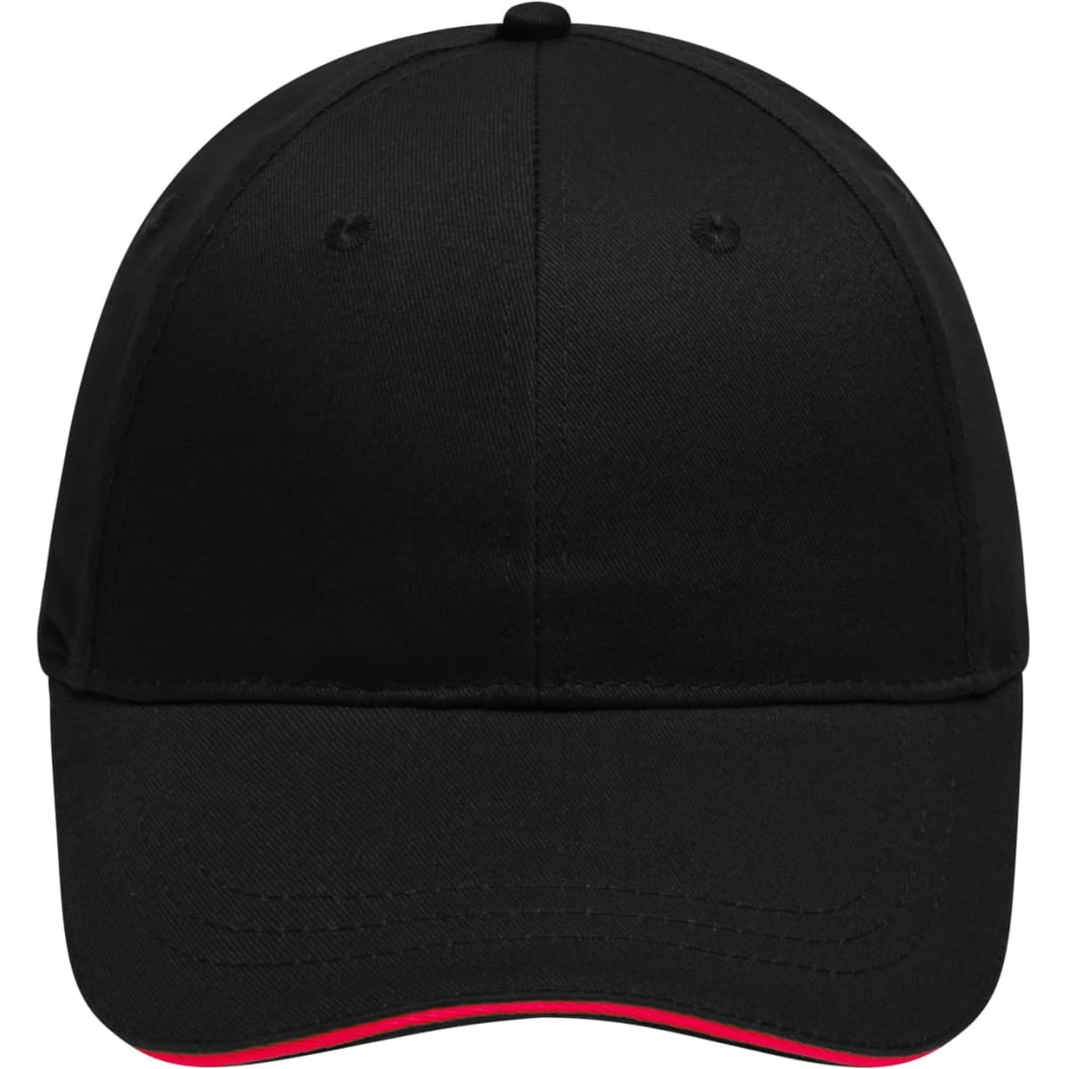 A black 6 panel brushed sandwich cap featuring a contrasting red trim and a logo on the front.