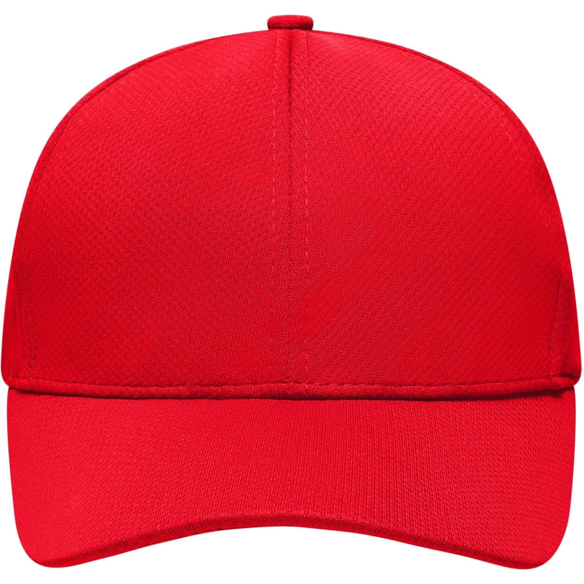 A red 6 panel sport mesh cap featuring a front panel and a curved brim. It has a logo on the side.