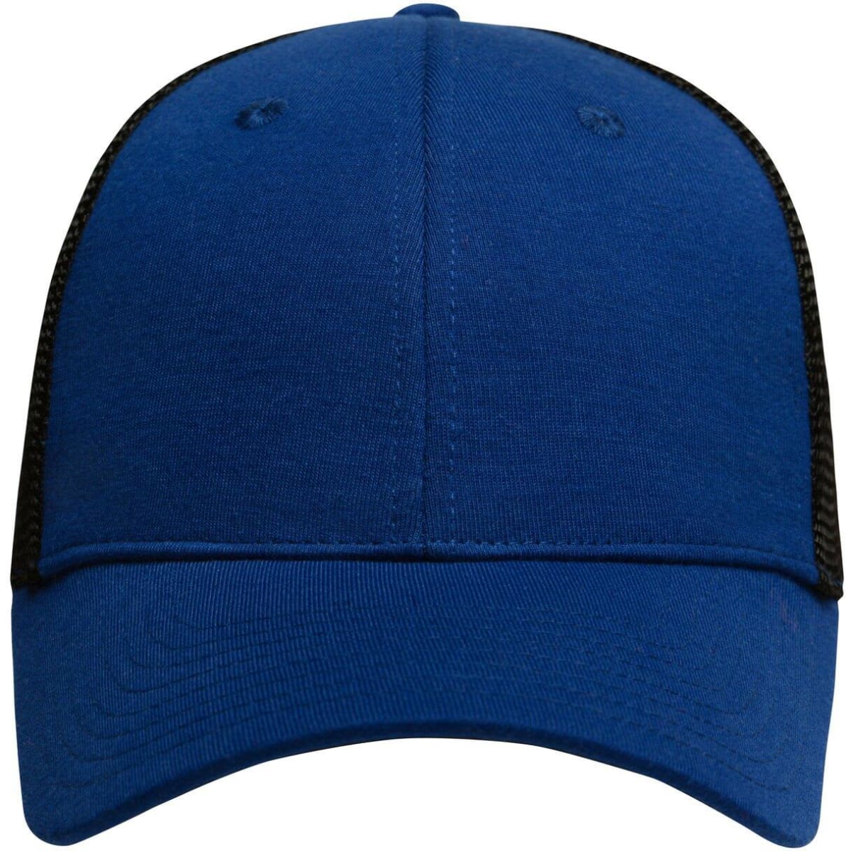 A blue cap with a black mesh back, featuring a curved brim and an adjustable fit. It has a logo on the front.