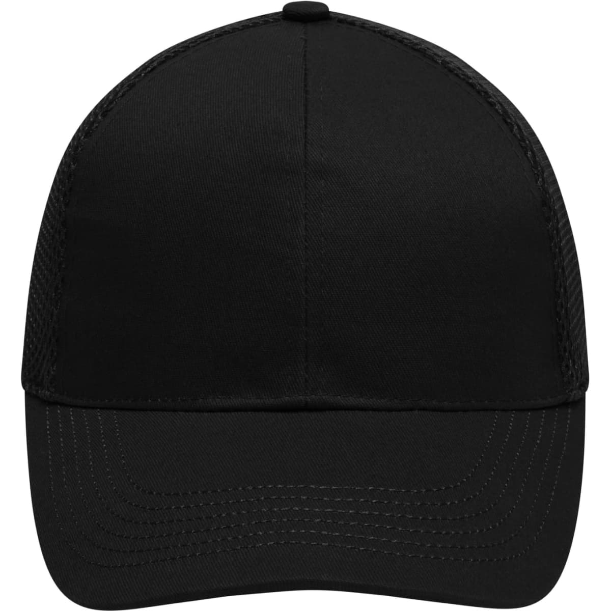 A black six-panel air mesh cap with a structured front and a curved visor. It features a logo on the front.