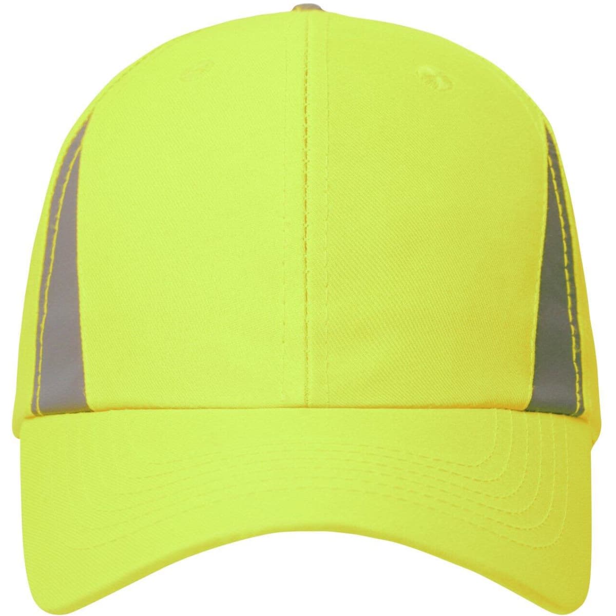 A safety cap in bright yellow with grey reflective stripes and a curved brim, featuring a logo on the front.