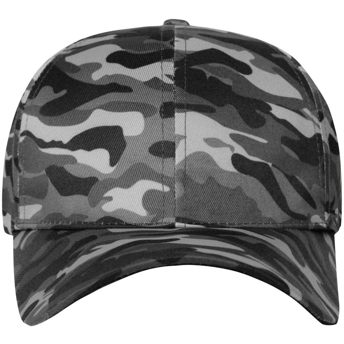 A camouflage cap featuring a grey and black pattern, with a curved brim and a logo on the side.