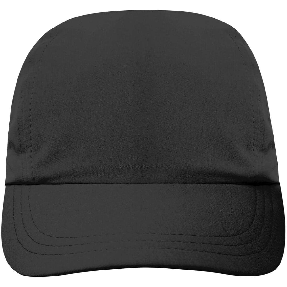 A black 3 Panel Cap featuring a structured design and a logo on the front.