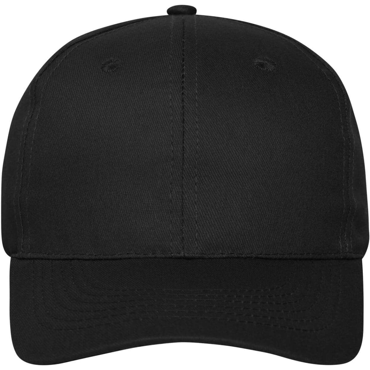 A black 6 panel cap made of organic cotton, featuring a logo on the front.