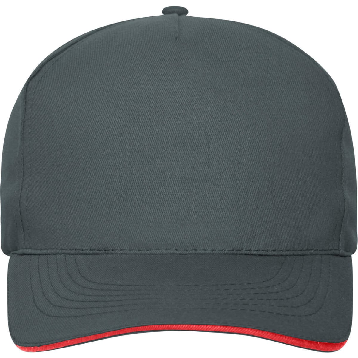 A grey 5 Panel Sandwich Cap with a red visor, made from organic cotton, featuring a logo on the front.