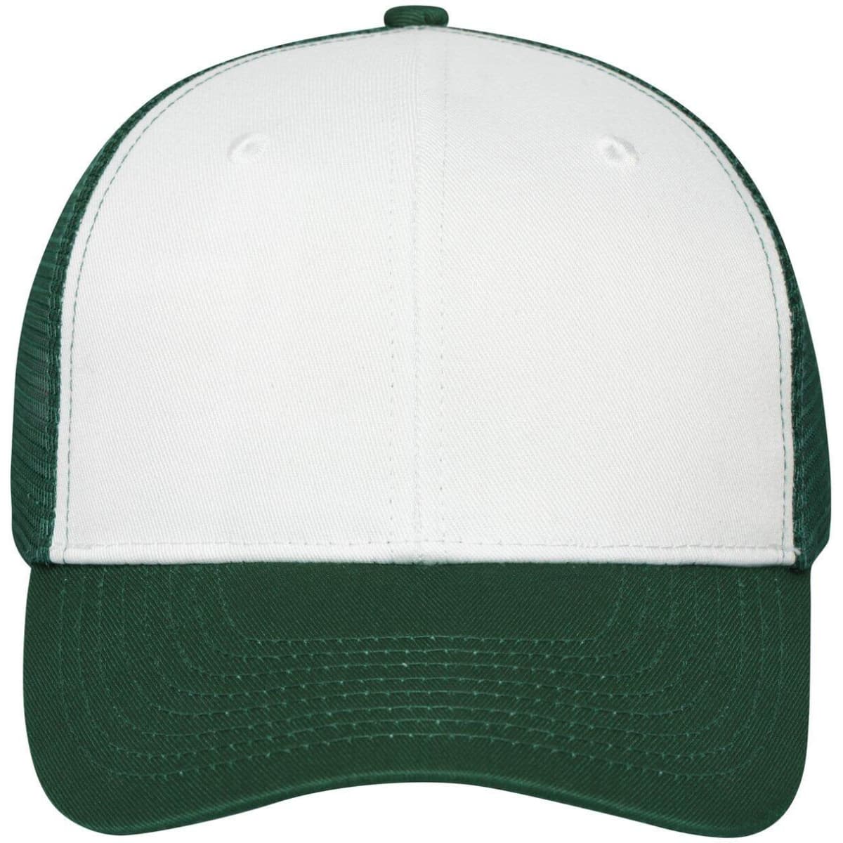 A green and white 6 panel mesh cap with a curved brim and ventilation holes on the sides.
