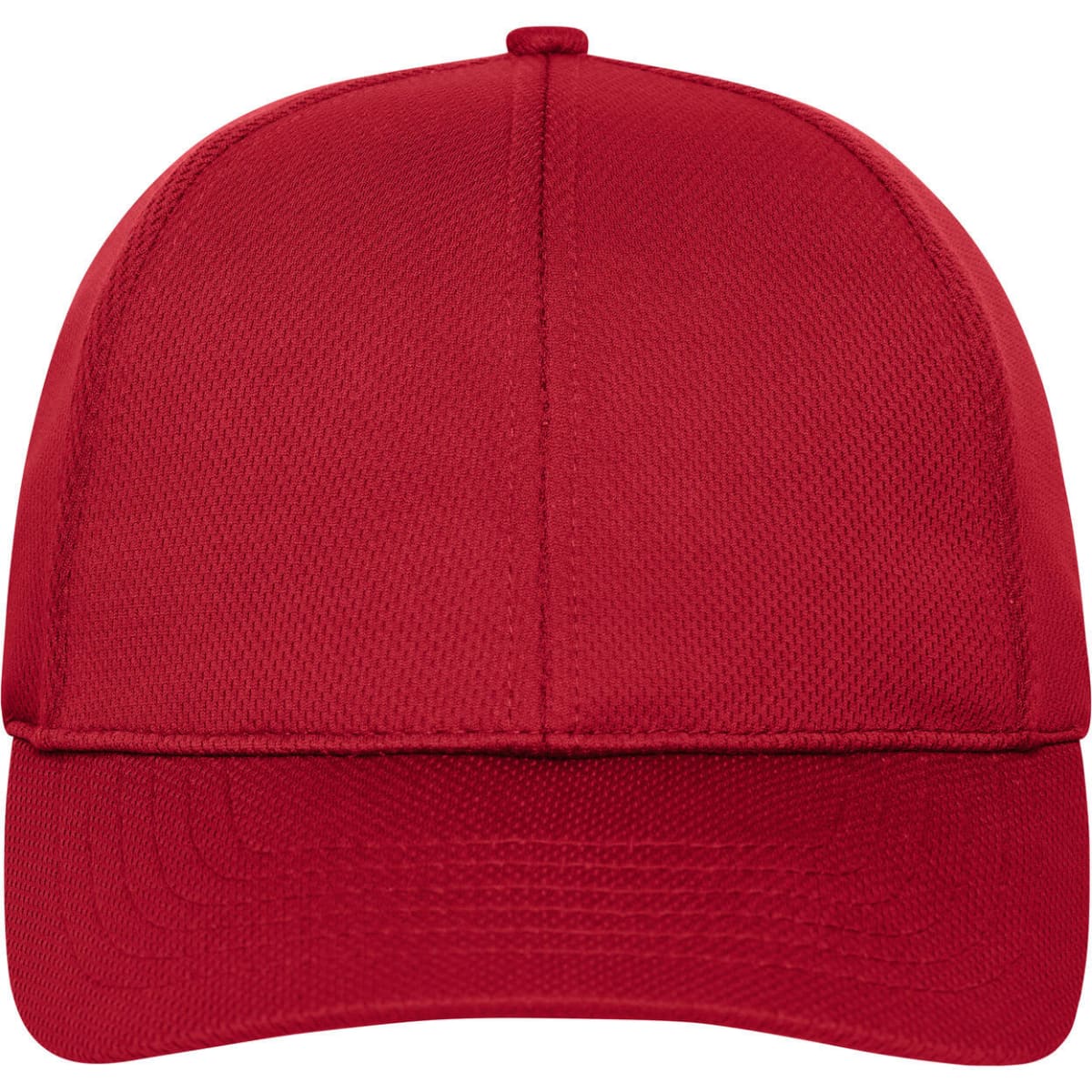 A red six-panel sports cap with a structured design and a logo on the front.