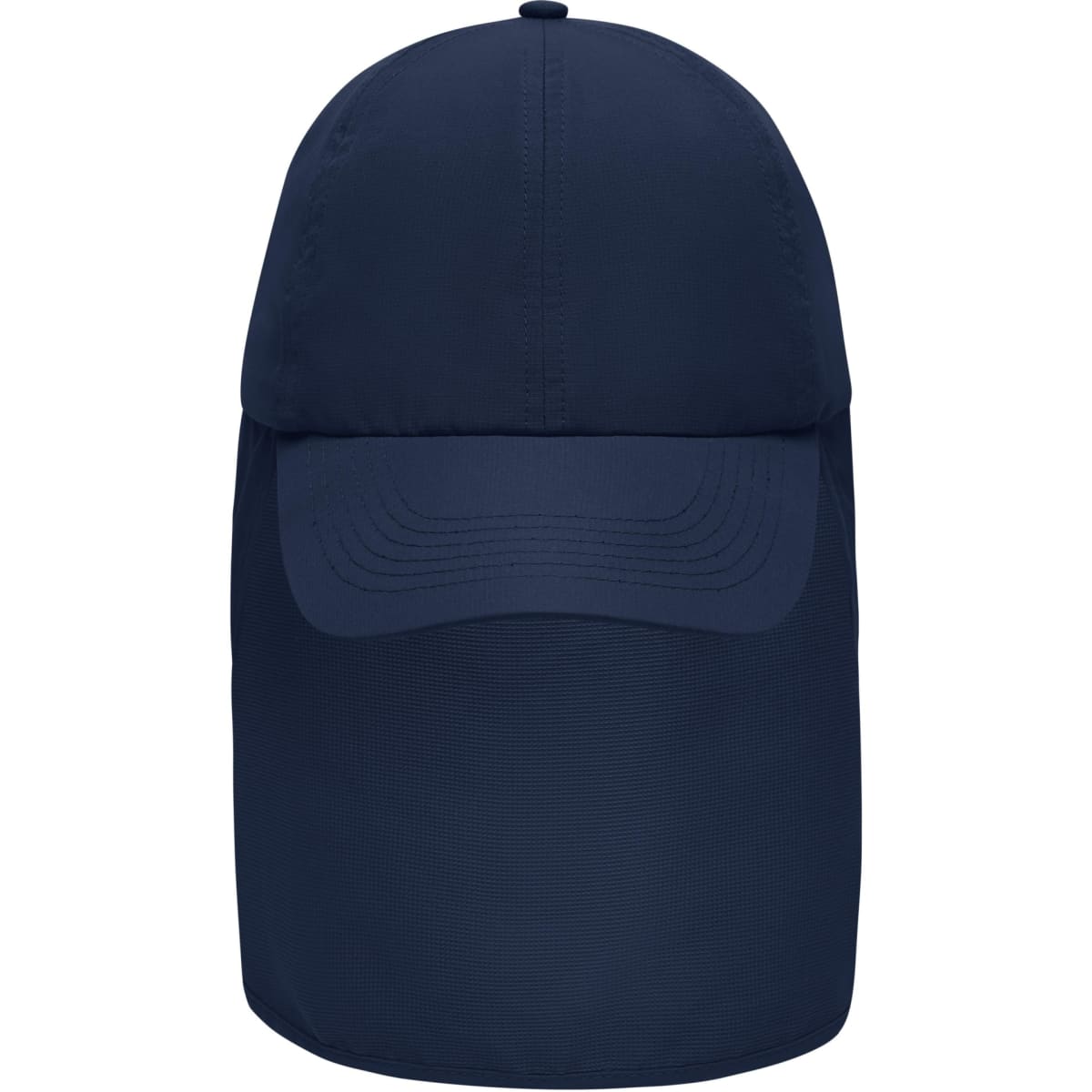 A navy 6-panel cap with a neck guard and a logo. Suitable for outdoor wear.