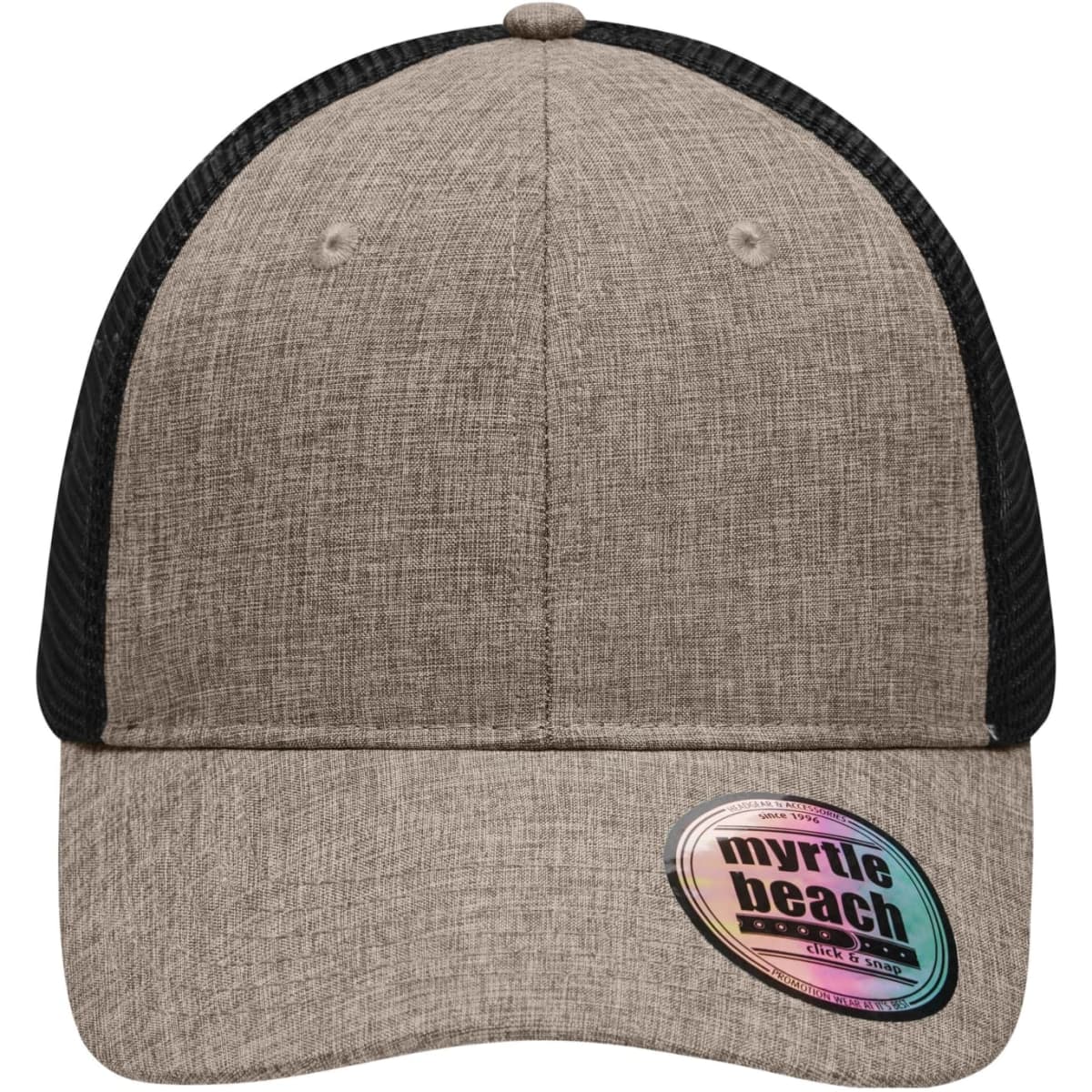 A tan 6-panel mesh trucker cap with a black mesh back and a round branding sticker on the brim.