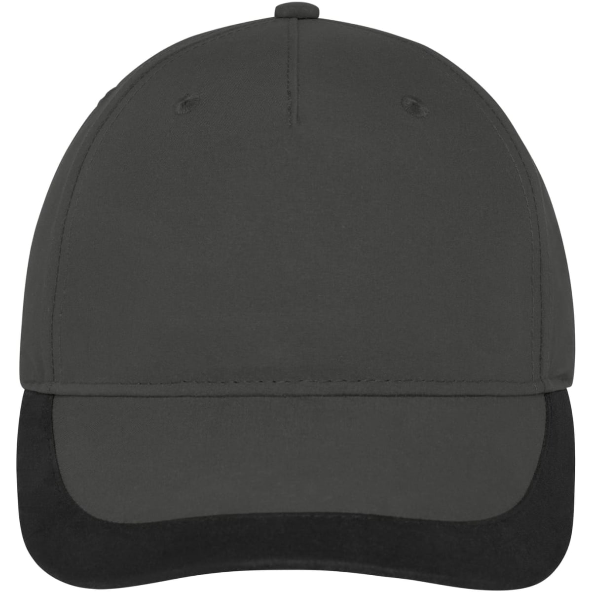 A black 5 panel sports cap featuring a curved brim and a logo on the front.
