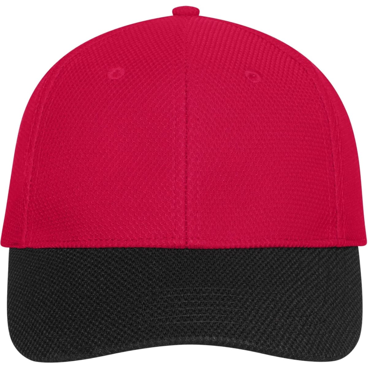 A red and black six-panel mesh cap featuring a logo on the front.