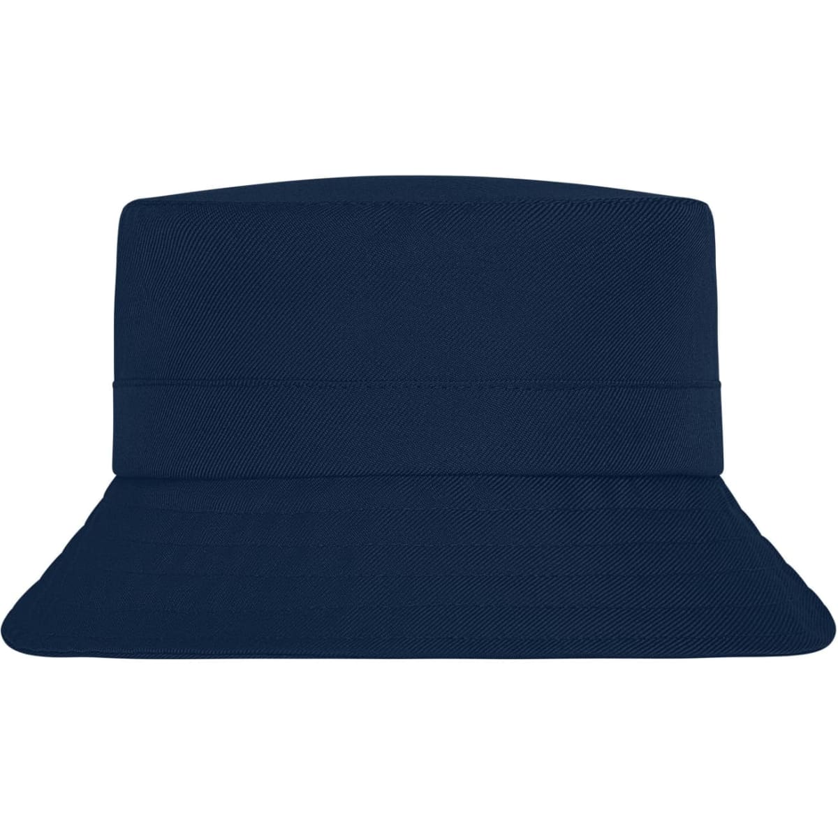 A navy fisherman hat with a wide brim and a solid, structured design. It features a branding logo.