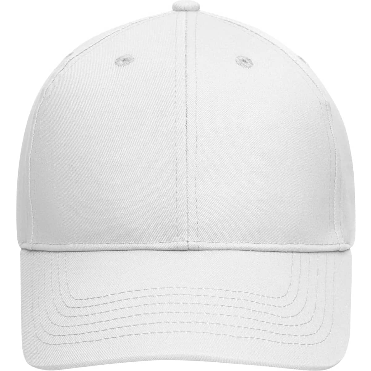 A white six-panel cap made from bio cotton, featuring ventilation eyelets and a curved visor.