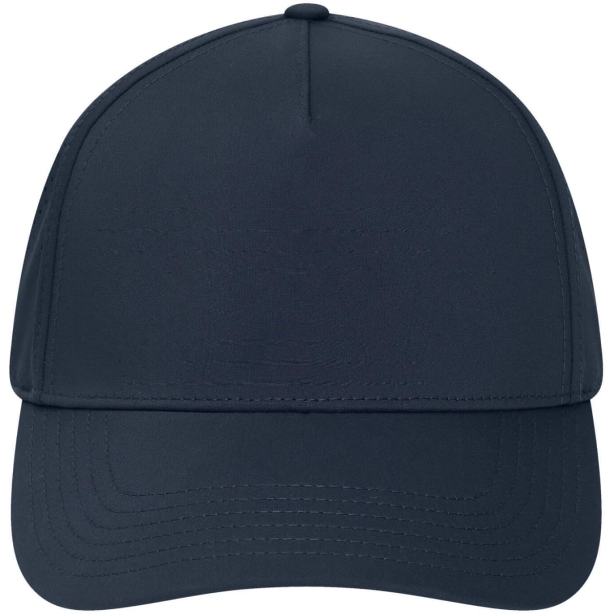 A navy blue 5 panel laser-cut cap with a logo featured on the front.