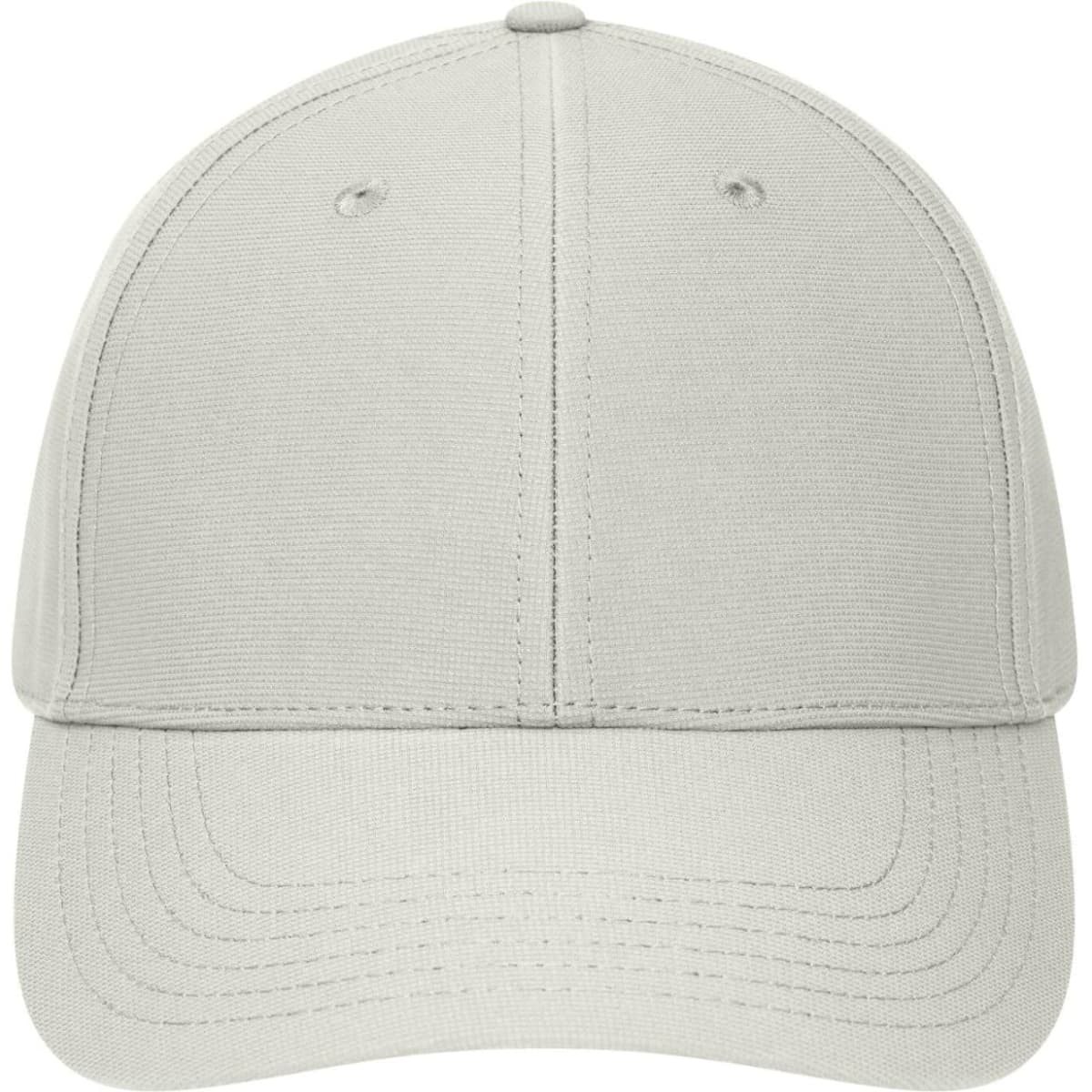 A 6 panel cap in light grey, featuring a structured design and a logo on the front.