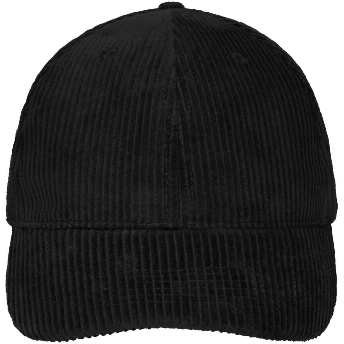 A black 6 panel corduroy cap with a curved brim and a subtle logo on the front.