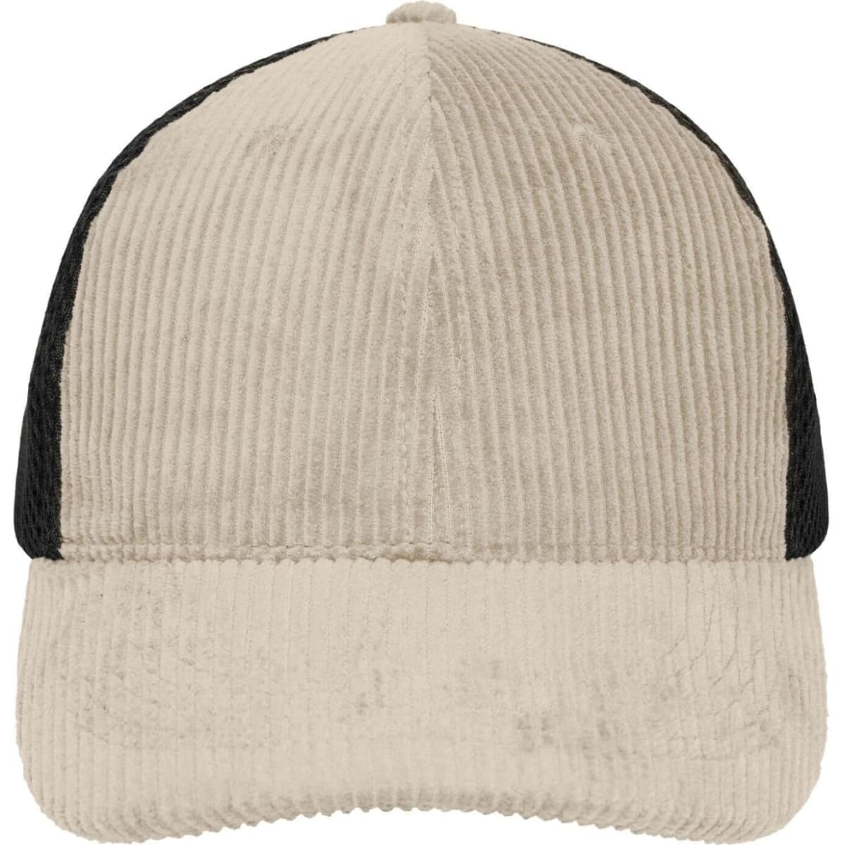 A 6-panel cap featuring a corduroy front in light beige and a black mesh back, complete with a logo.