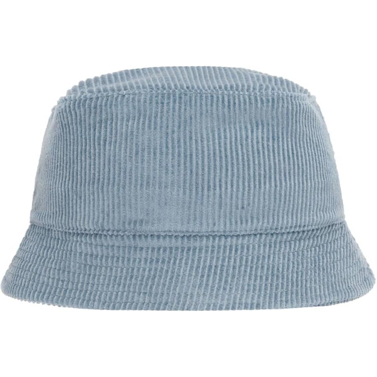 A blue corduroy bucket hat with a wide brim and a simple design, featuring a logo.