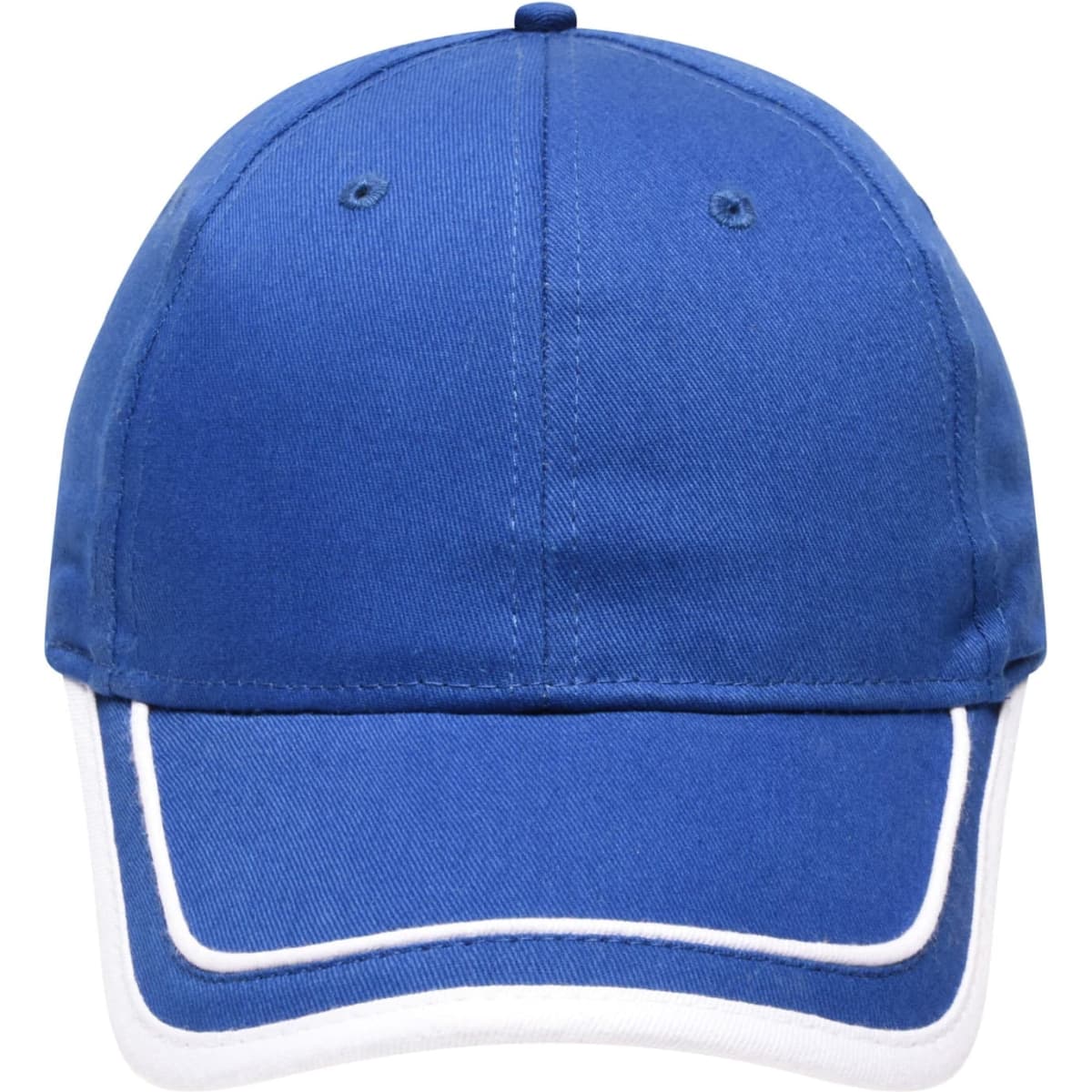 A blue 6 panel cap featuring white piping along the brim. The cap has a logo on the front.