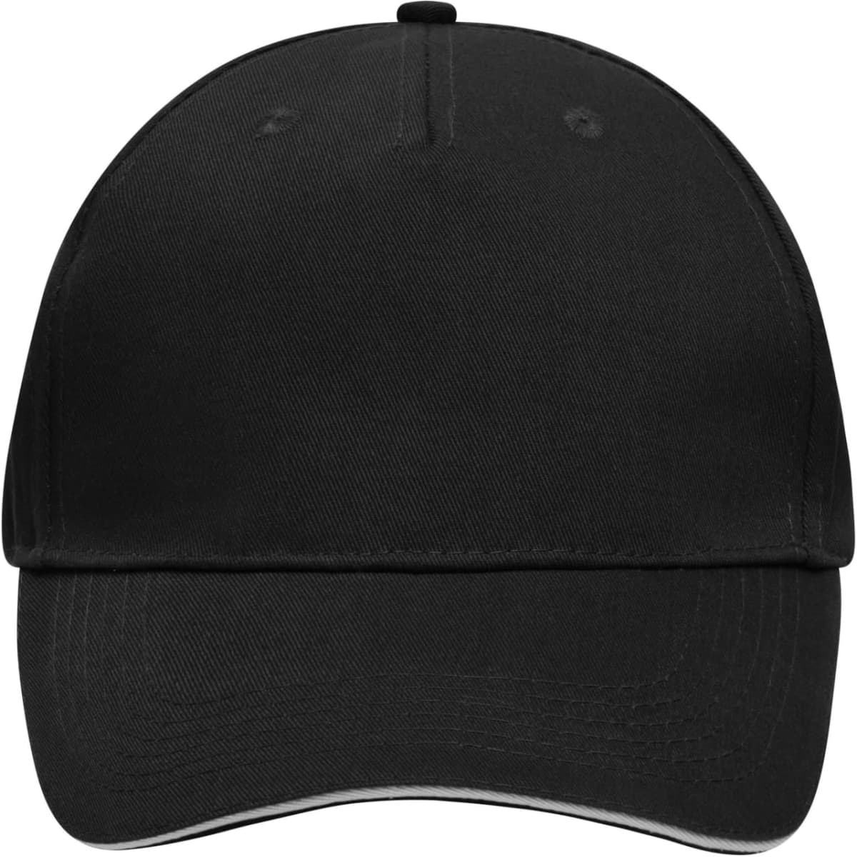 A black 5 Panel Sandwich Cap with a curved brim and a logo on the front.