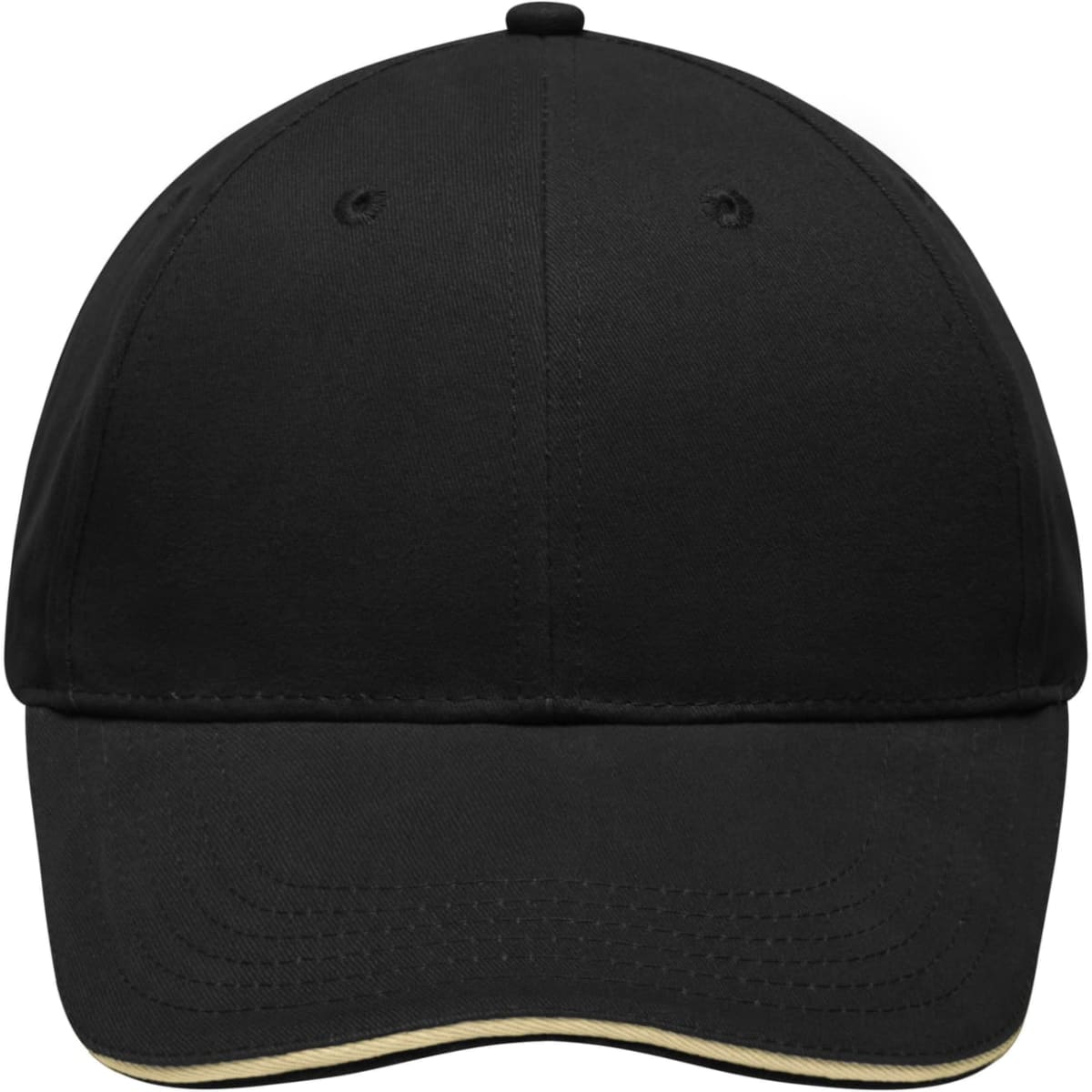A black cap with a curved brim and light brushed fabric, featuring a logo on the front.