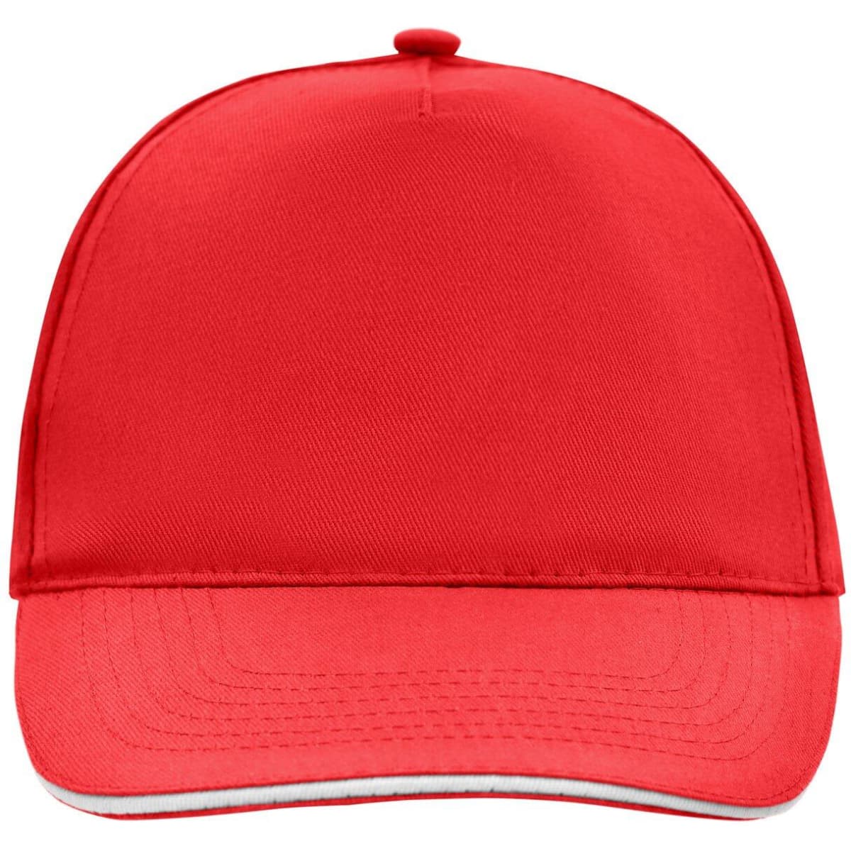 A red 5 Panel Promo Sandwich Cap with a logo, featuring a curved brim and a structured design.