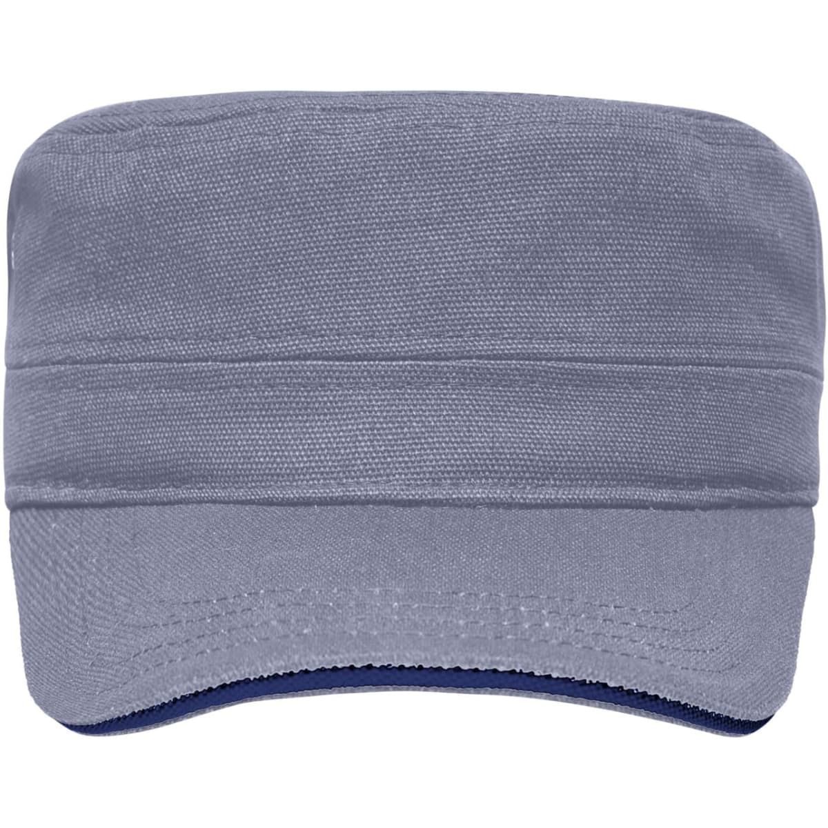 A grey military-style cap featuring a structured design and a contrasting navy underside, complete with a logo.