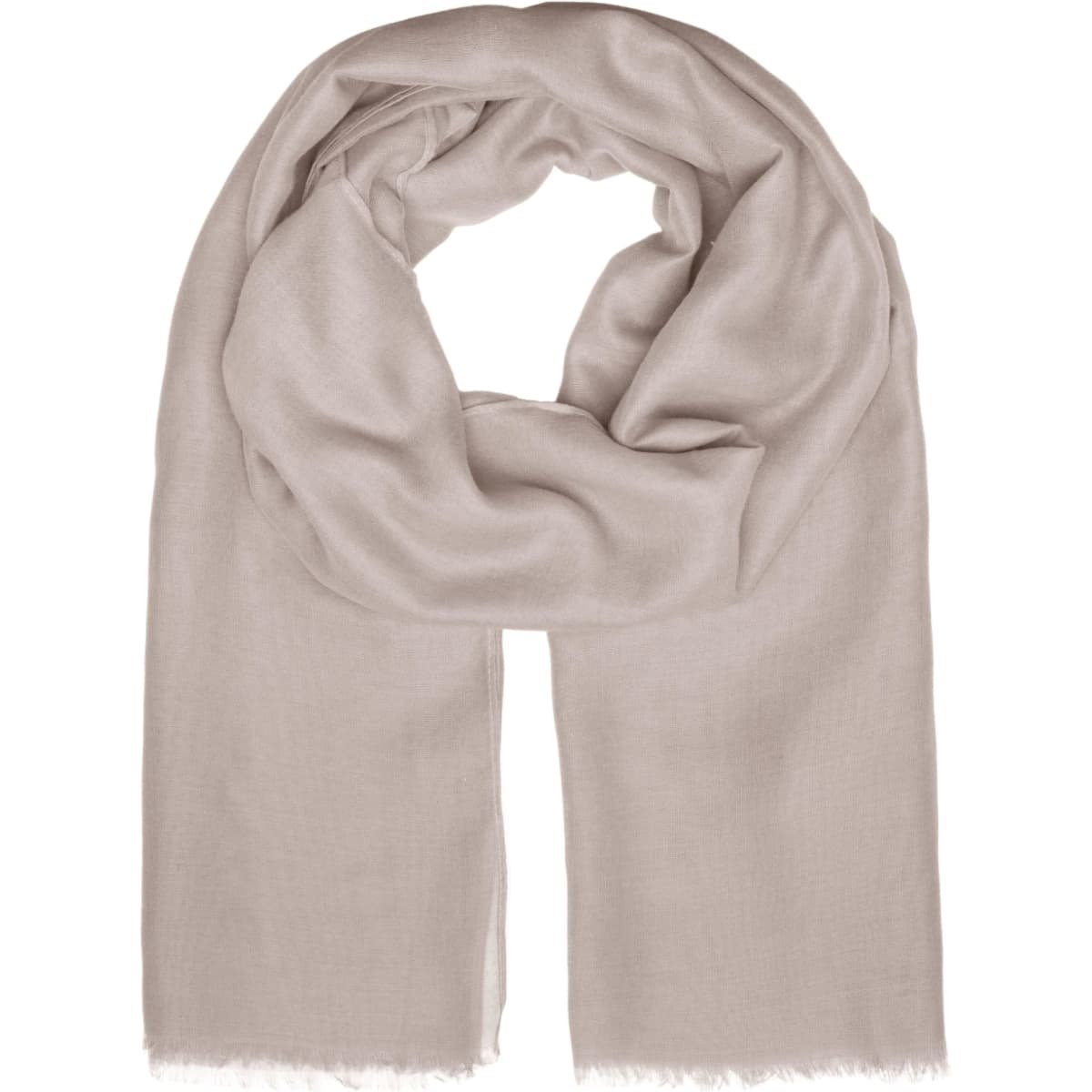 A soft, beige scarf with a light, airy texture, featuring frayed edges. It includes a logo.
