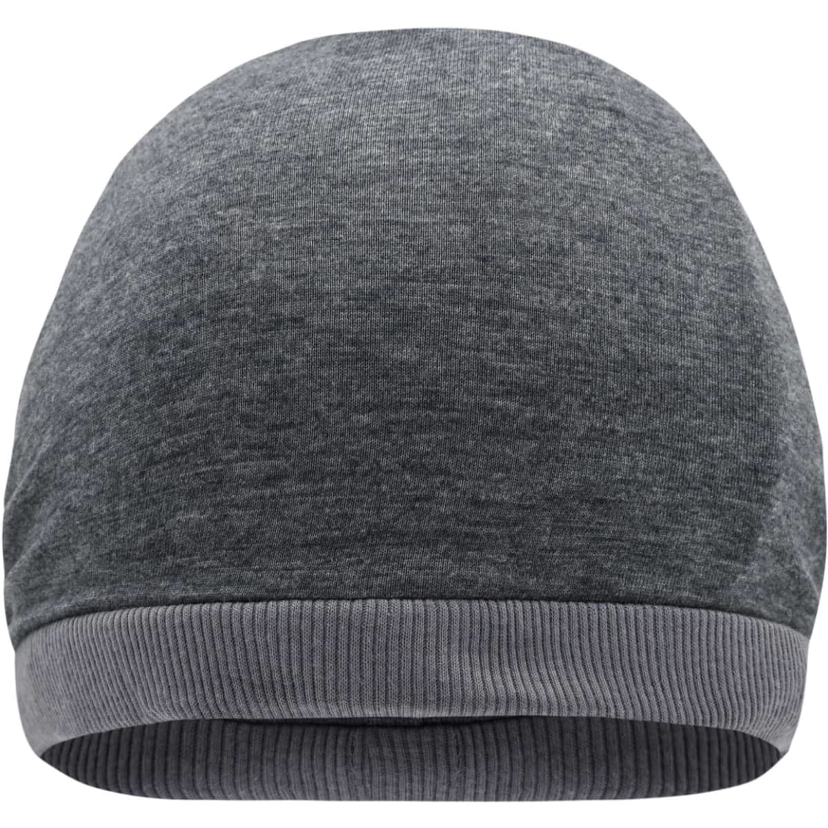 A grey beanie featuring a smooth texture and ribbed cuff, with a small logo on the side.