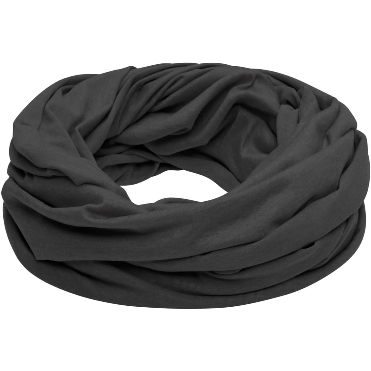 A loop scarf in a solid black colour, featuring a soft, draped design. It has a subtle branding logo.