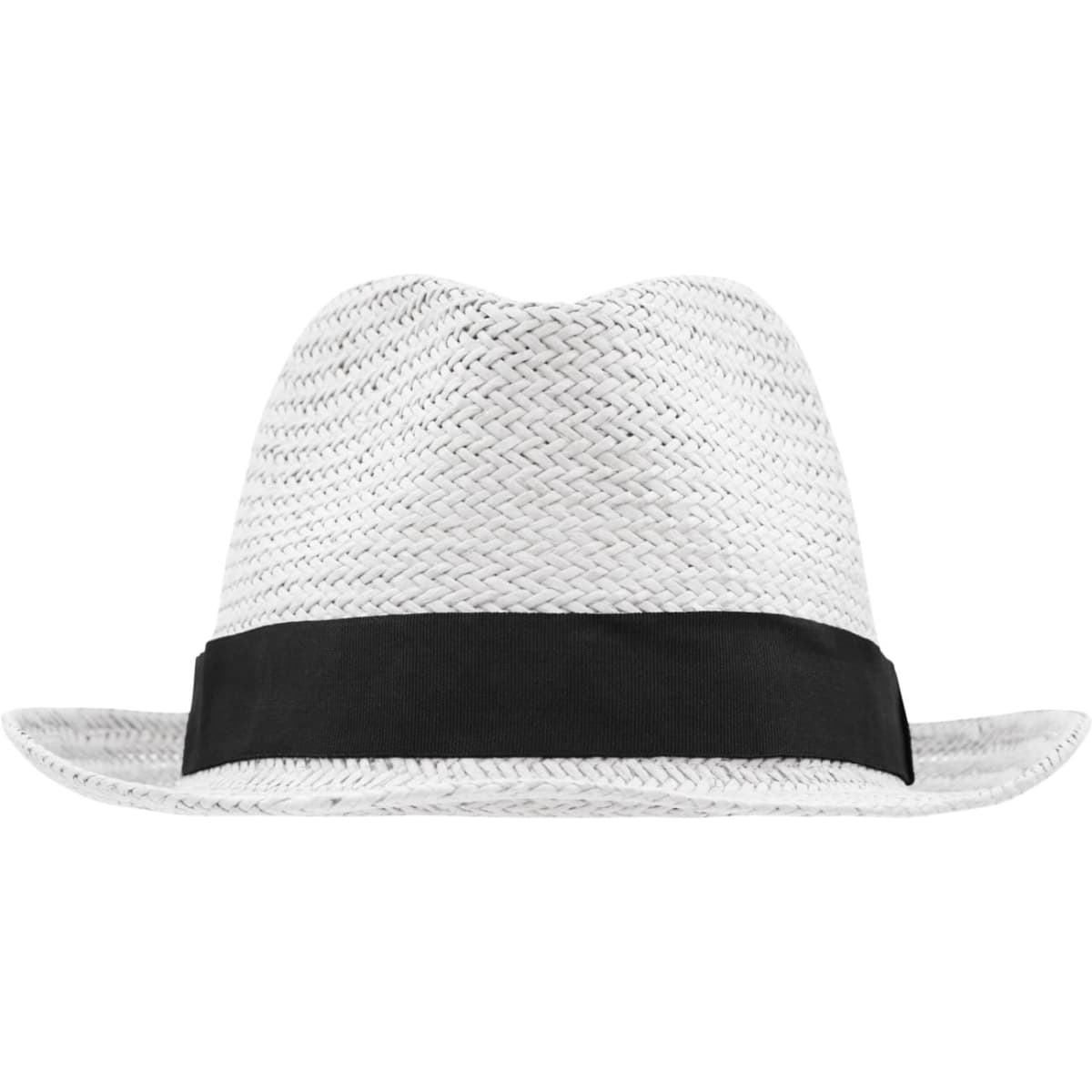 A white straw hat with a black ribbon band around the base. The hat features a classic fedora shape.