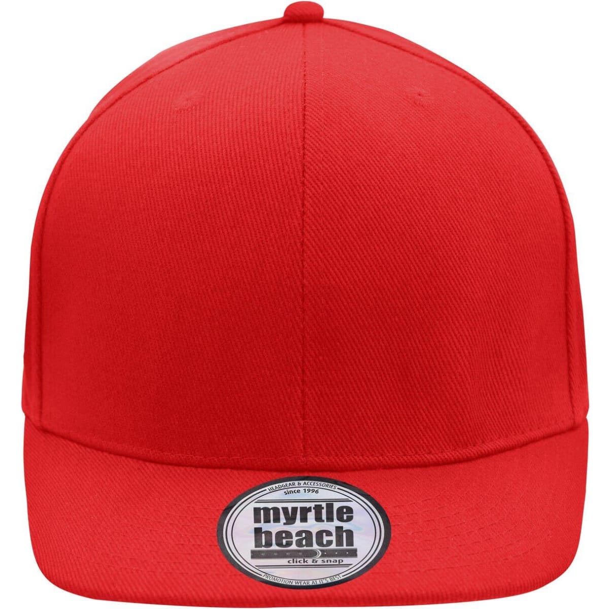A red 6-panel cap featuring a flat brim and a logo on the front.