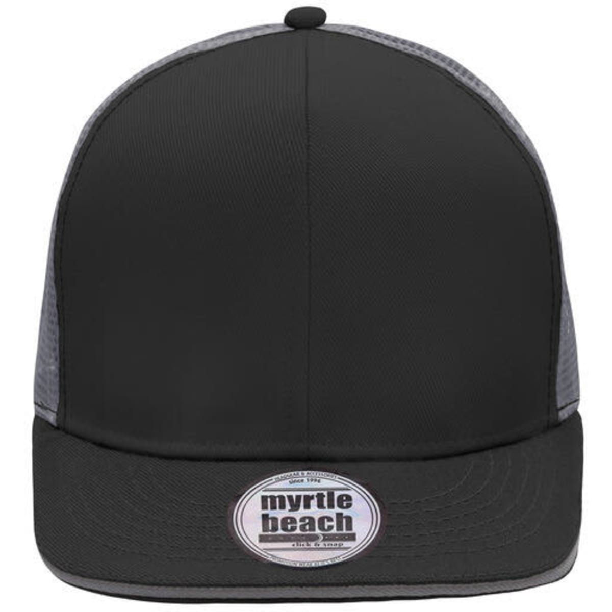 A black trucker cap with grey mesh panels and a logo on the front.