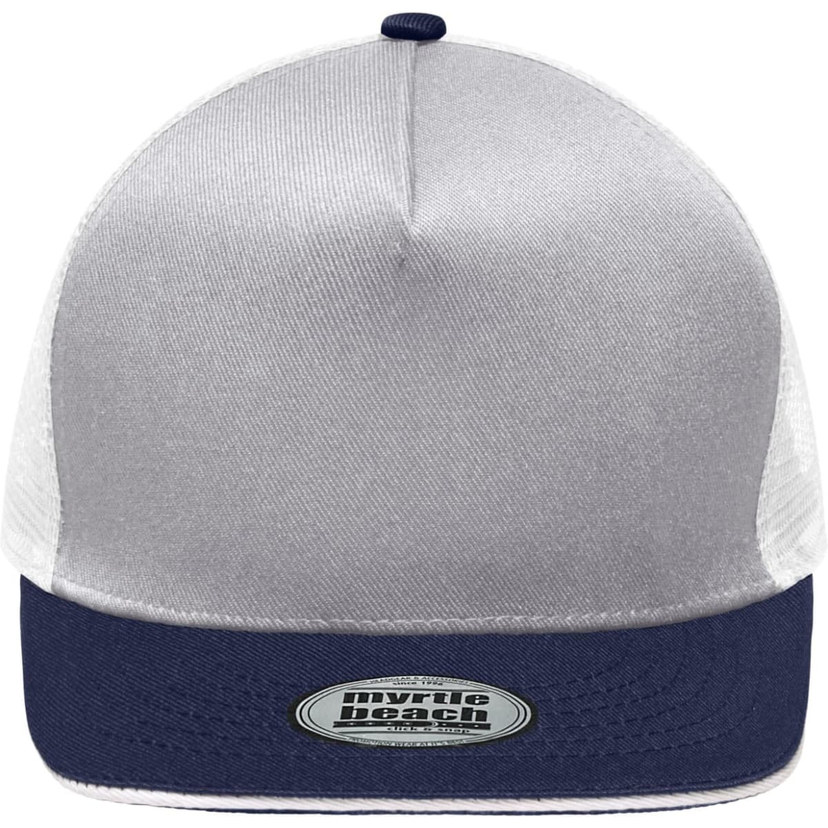 A grey and navy five-panel trucker cap featuring a mesh back and a logo at the front.